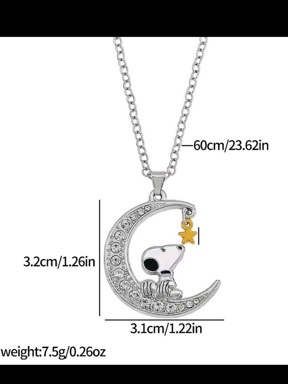 Snoopy Moon & Star Necklace Rhinestone Pendant Silver Tone 60cm Chain - Picture 4 of 9